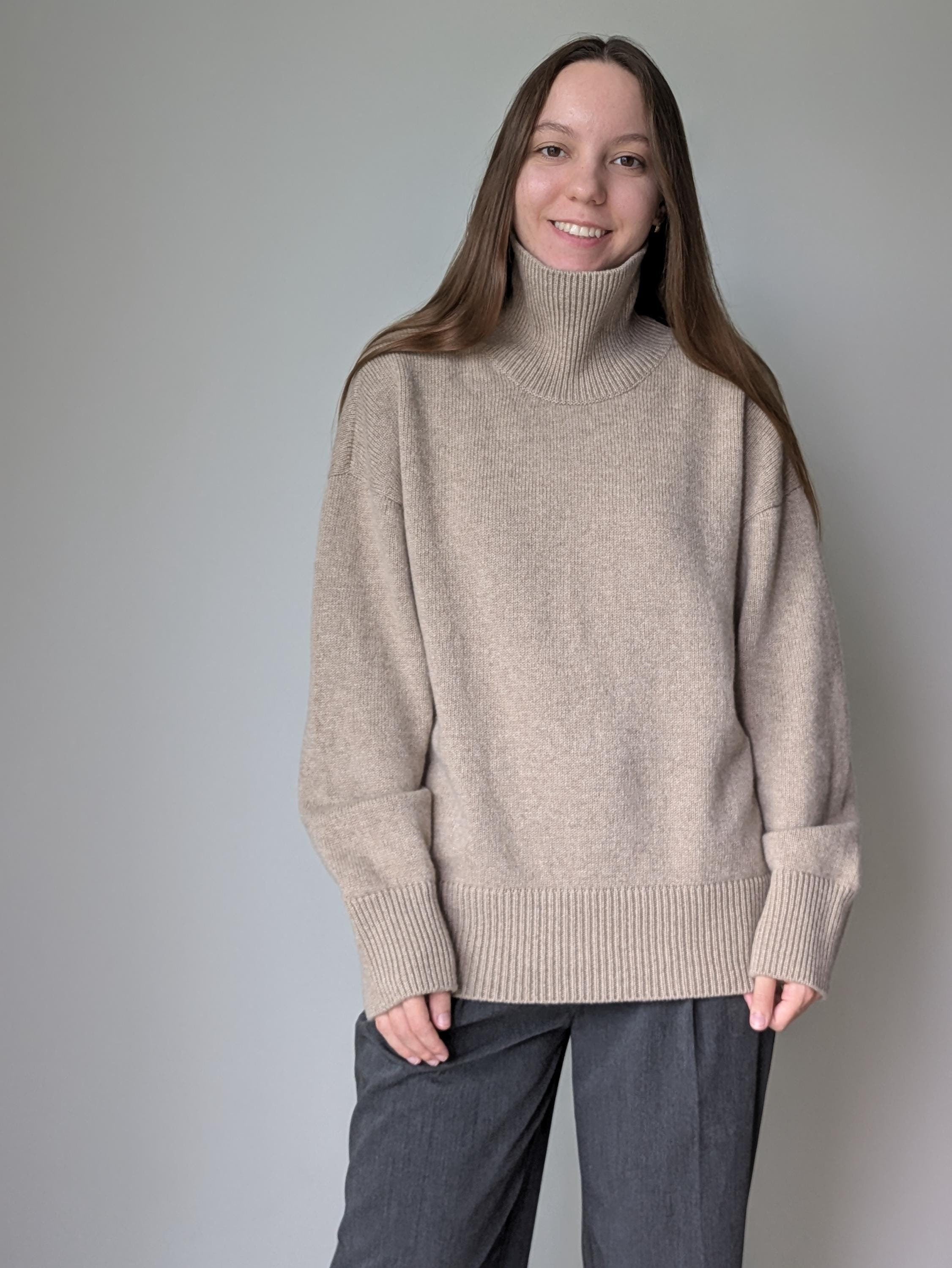 Beige merino cashmere turtleneck sweater, front view
