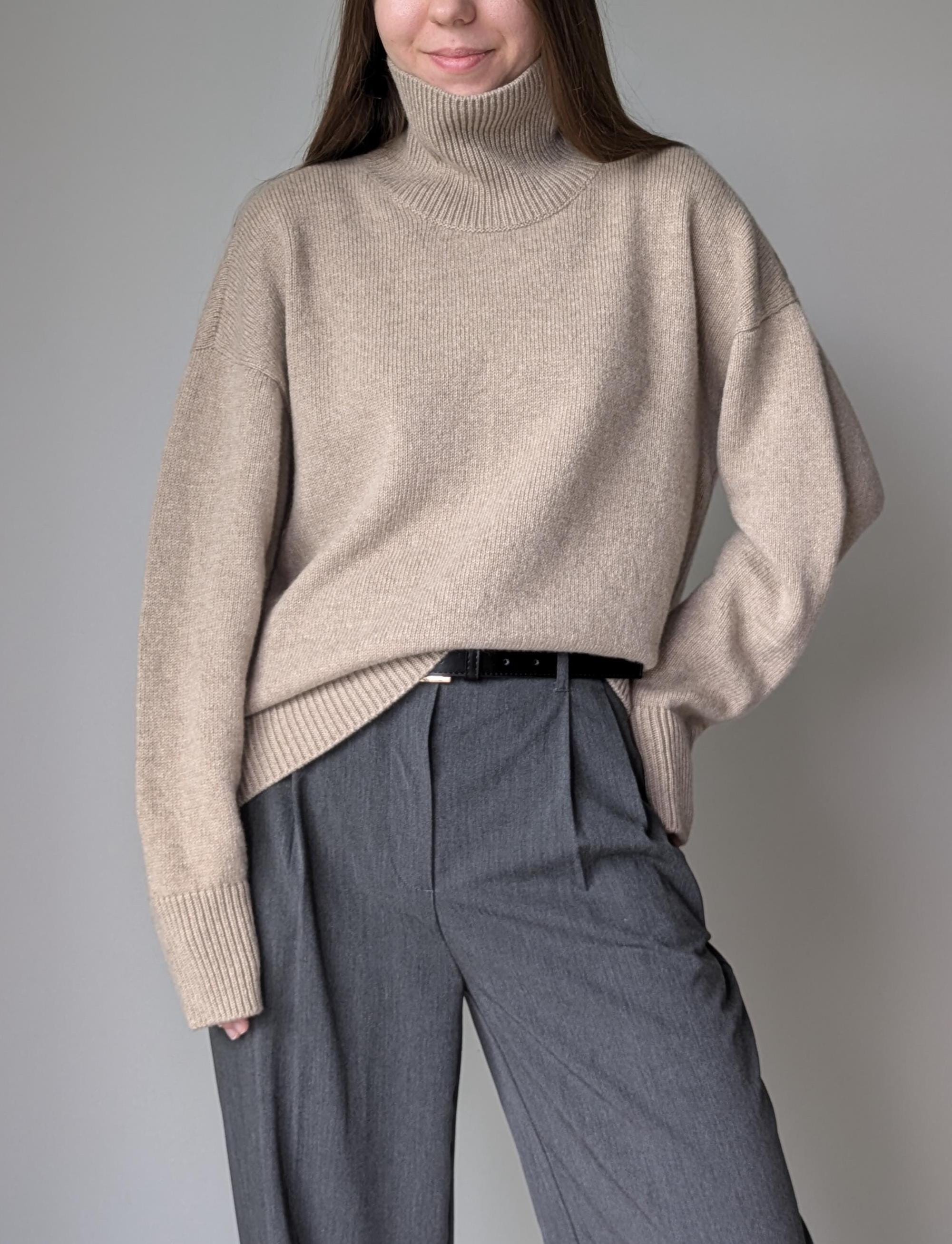 Beige merino cashmere turtleneck sweater, front view