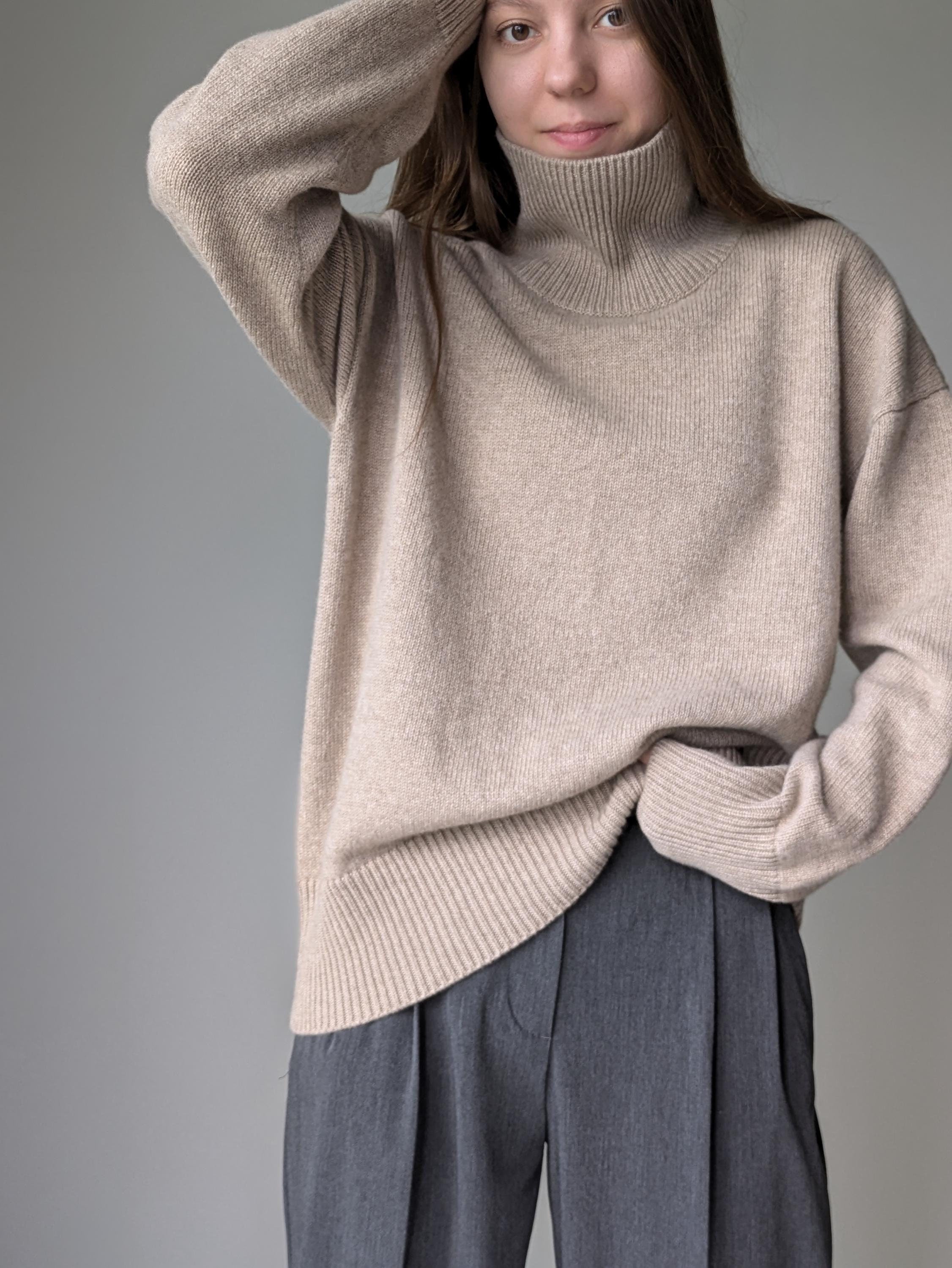 Beige merino cashmere turtleneck sweater, front view