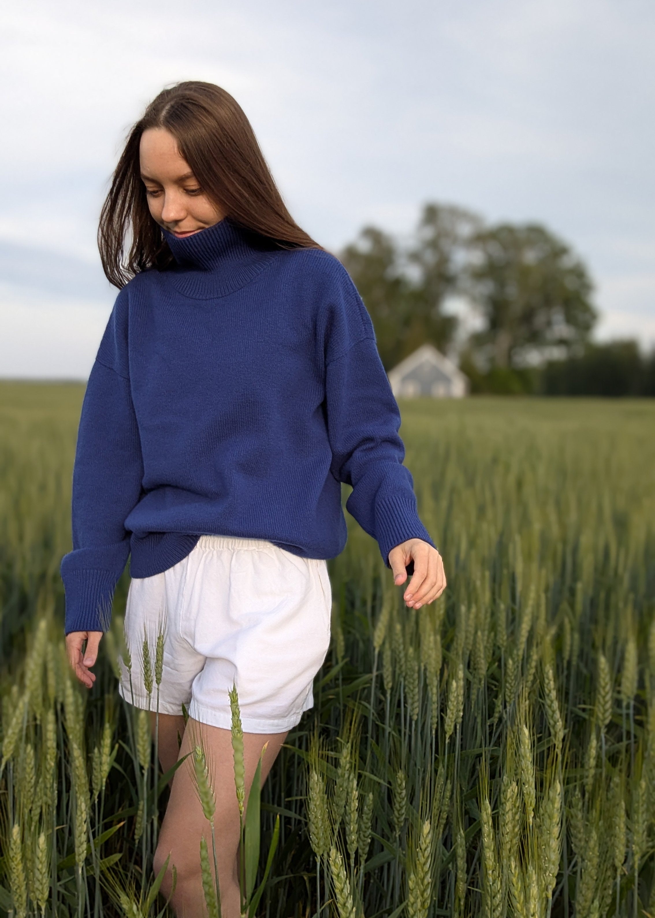 blue turtleneck sweater