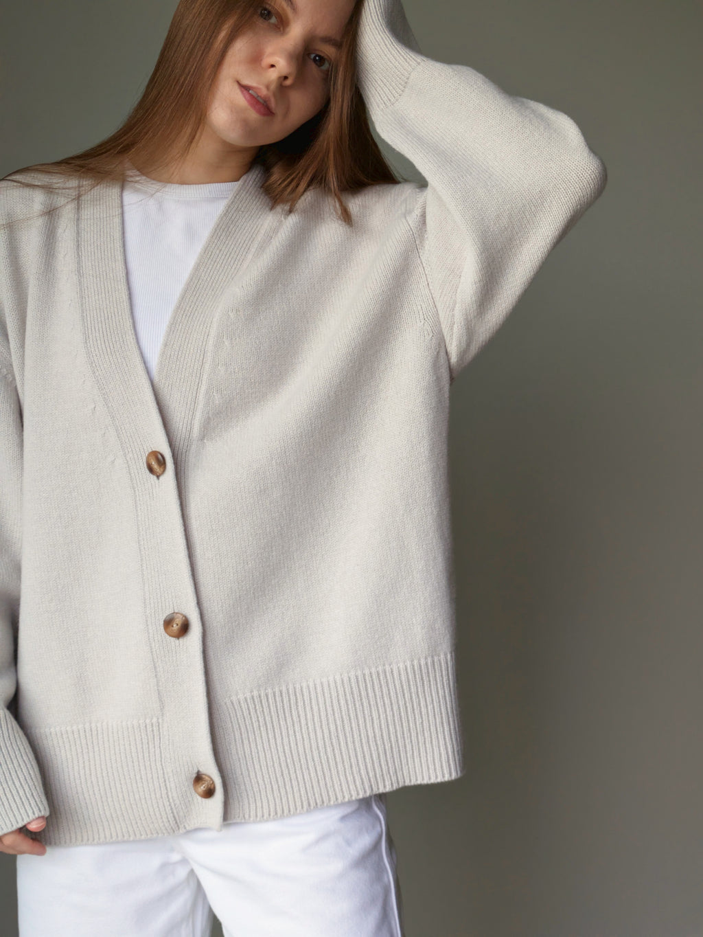 Oatmeal grey Oversized Cardigan – Merino Cashmere V-Neck Knitted Cardigan
