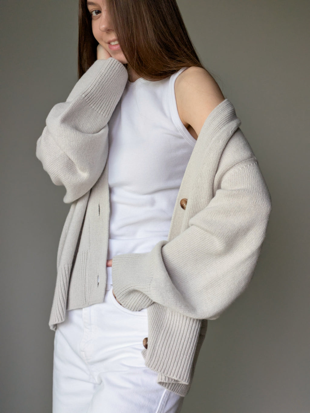 Oatmeal grey Oversized Cardigan – Merino Cashmere V-Neck Knitted Cardigan