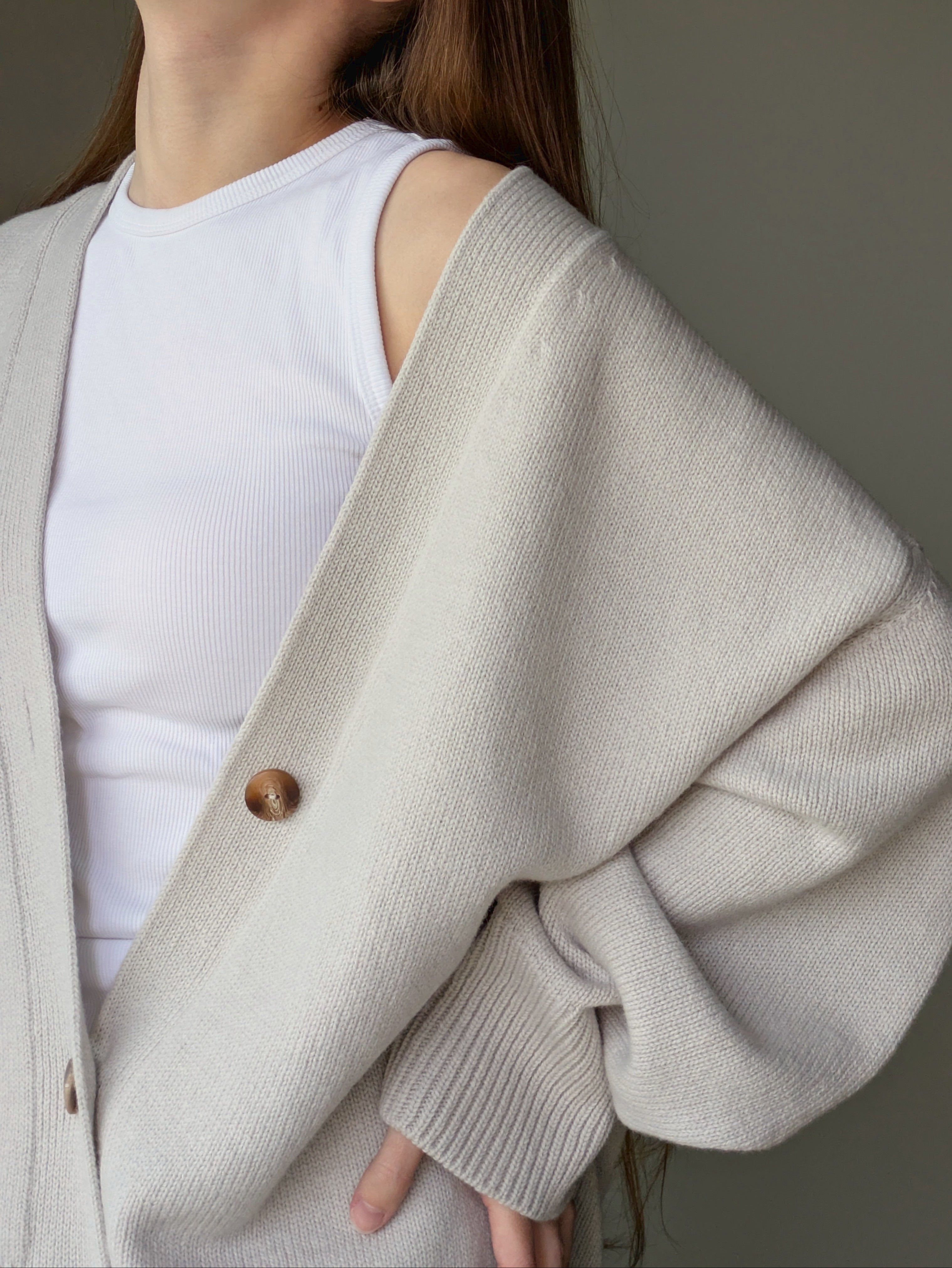 Oatmeal grey Oversized Cardigan – Merino Cashmere V-Neck Knitted Cardigan