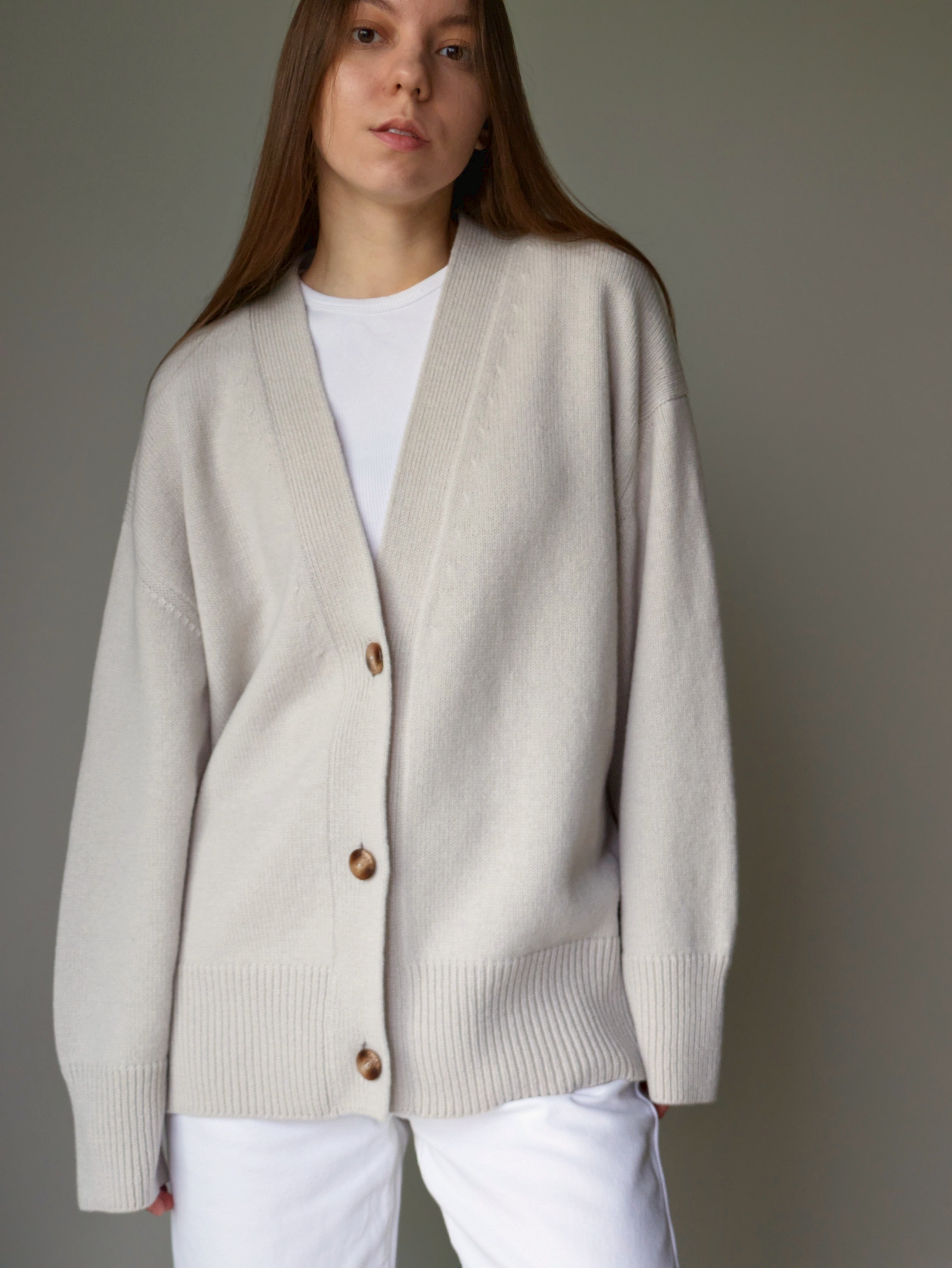 Oatmeal grey Oversized Cardigan – Merino Cashmere V-Neck Knitted Cardigan