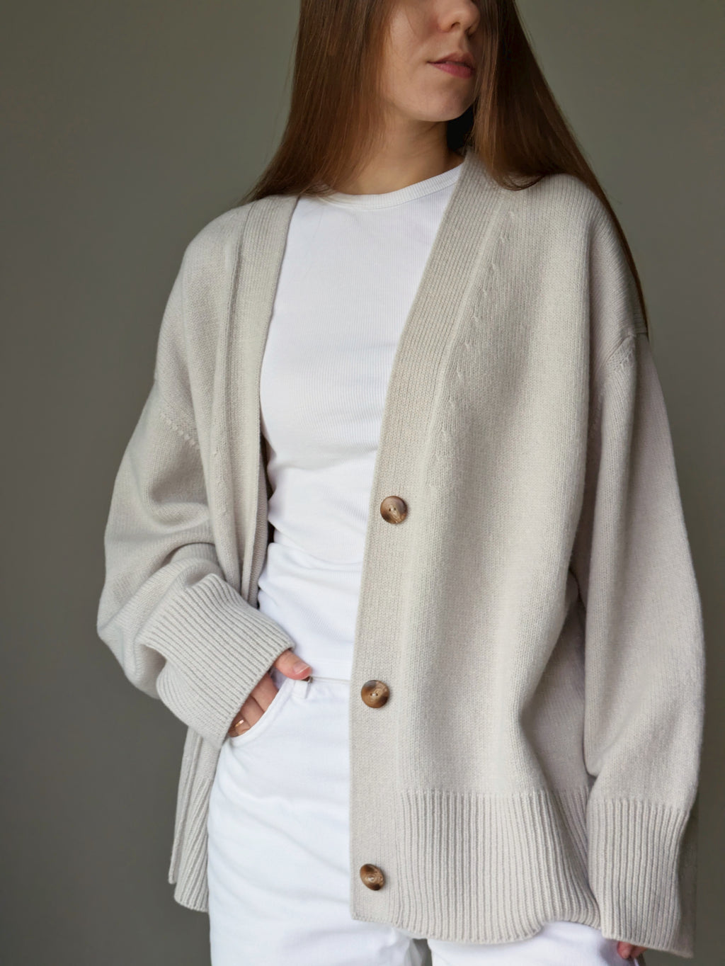 Oatmeal grey Oversized Cardigan – Merino Cashmere V-Neck Knitted Cardigan