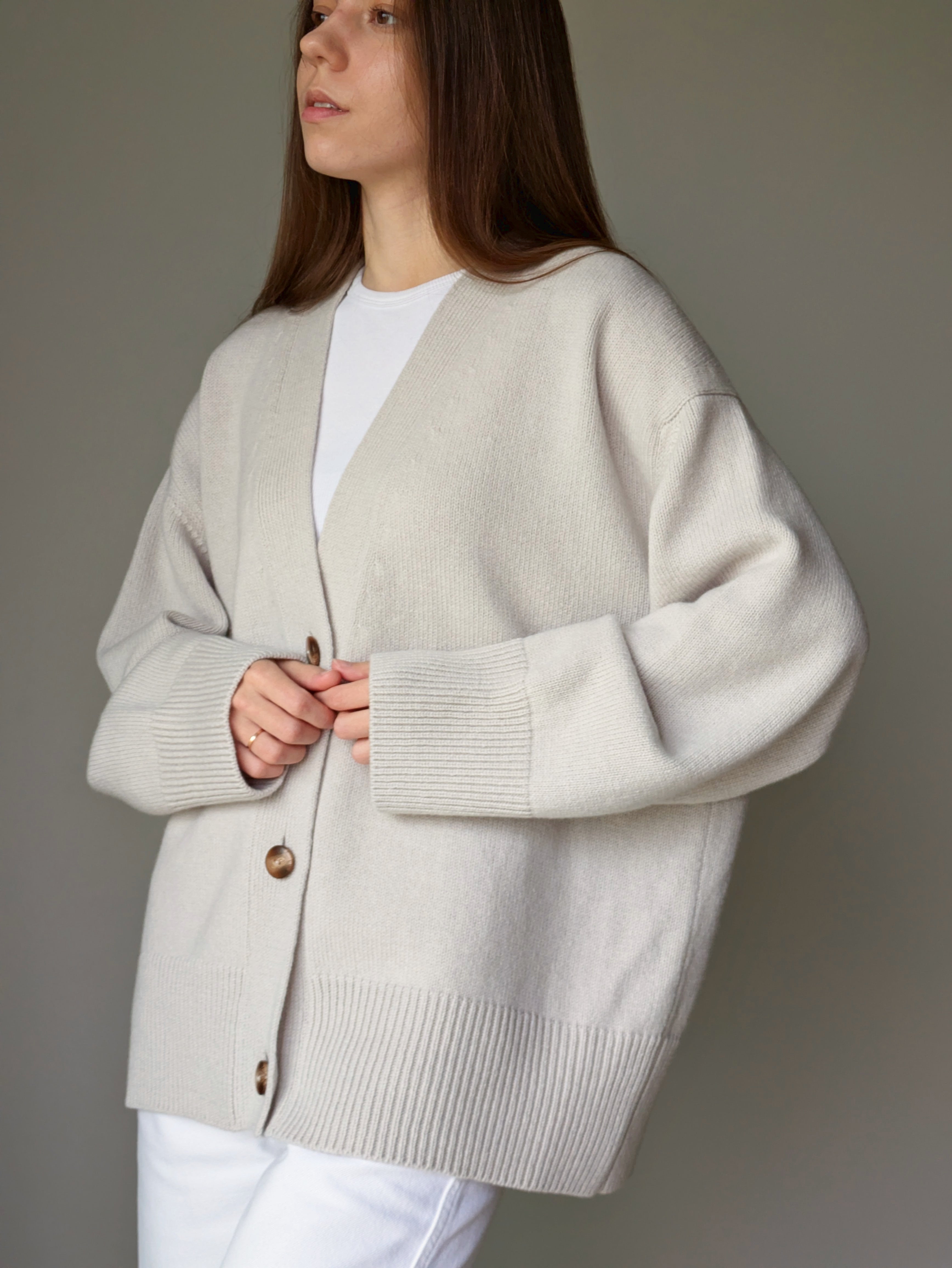 Oatmeal grey Oversized Cardigan – Merino Cashmere V-Neck Knitted Cardigan