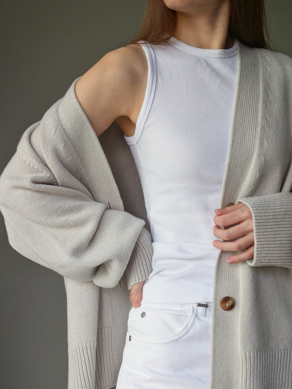 Oatmeal grey Oversized Cardigan – Merino Cashmere V-Neck Knitted Cardigan